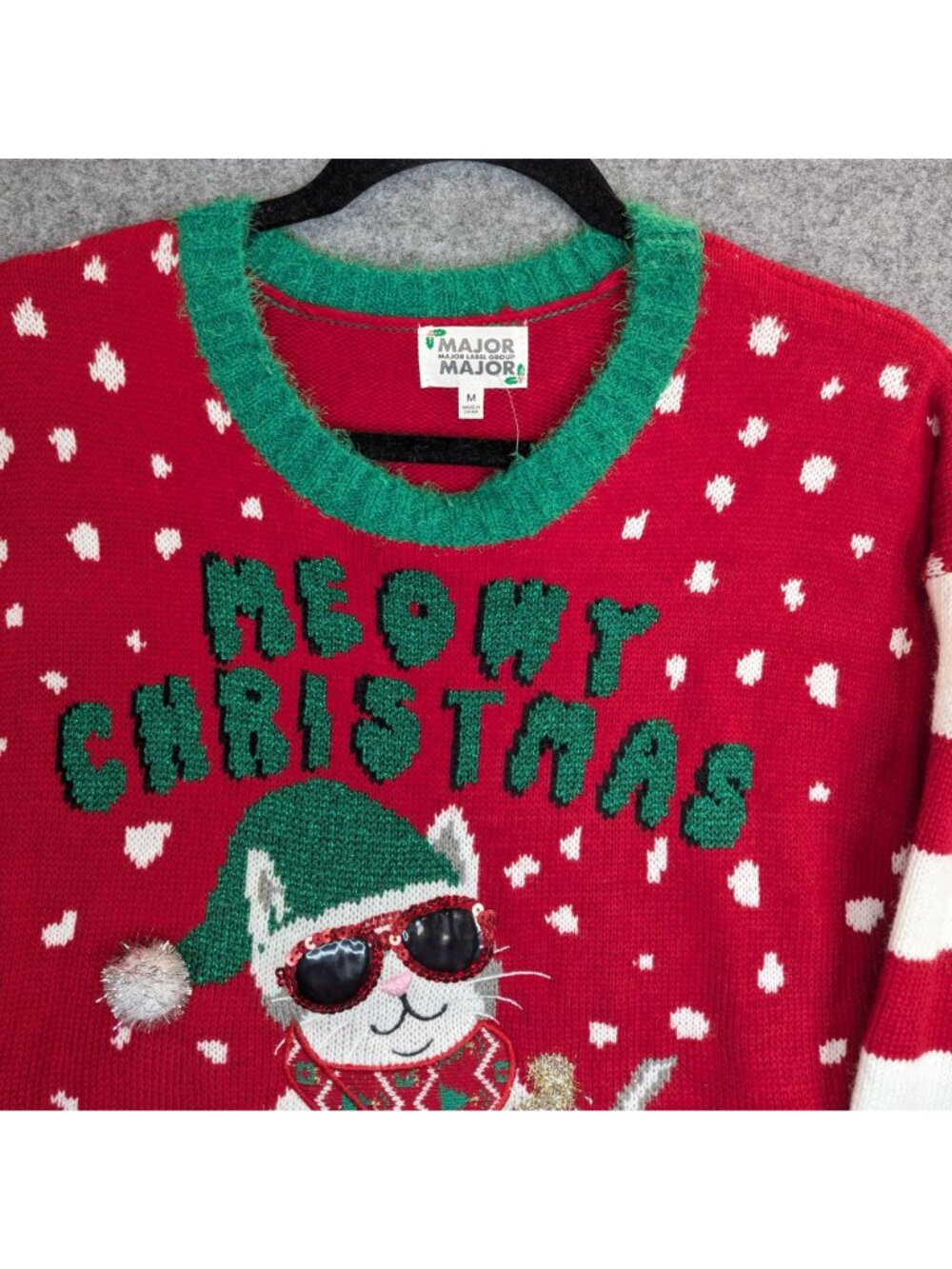 Meowy Christmas Womens Size Medium Ugly Christmas Sweater Cat Red White Stripes - Picture 3 of 6